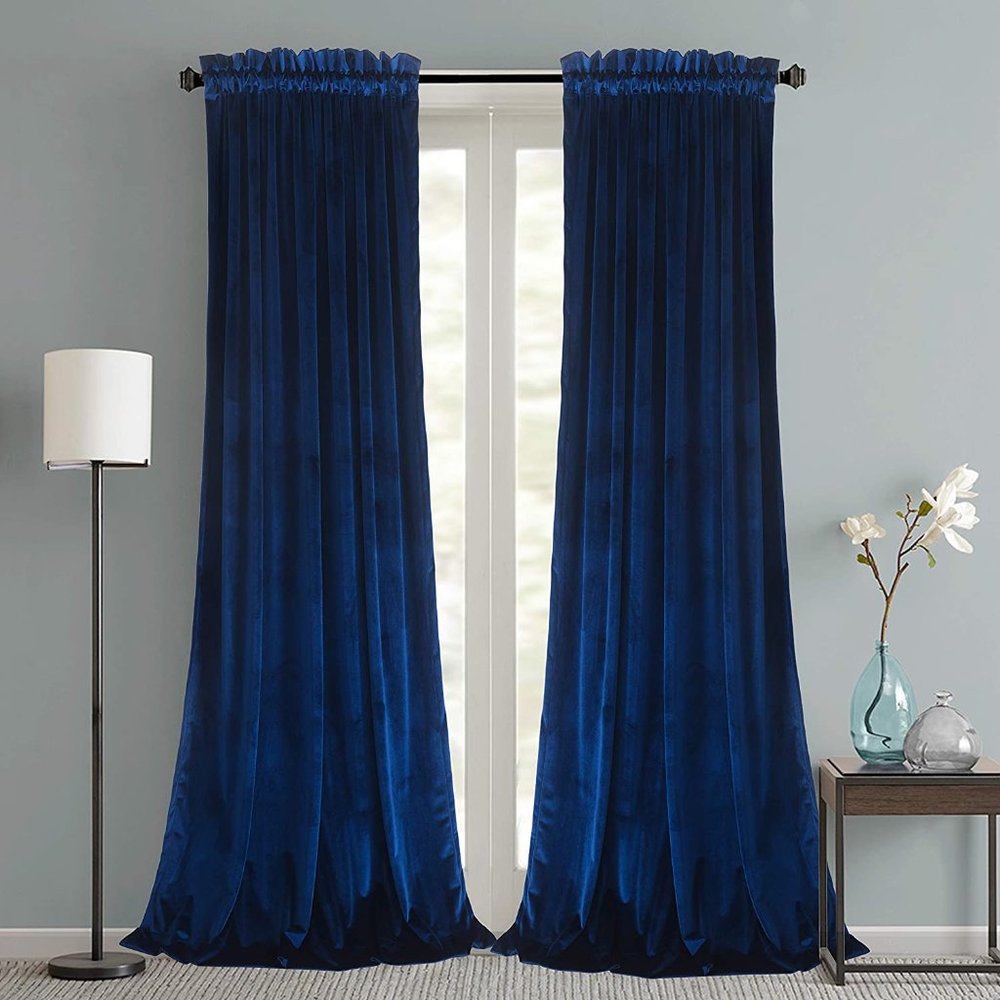 Pair 96" long navy/dark royal blue velvet curtains